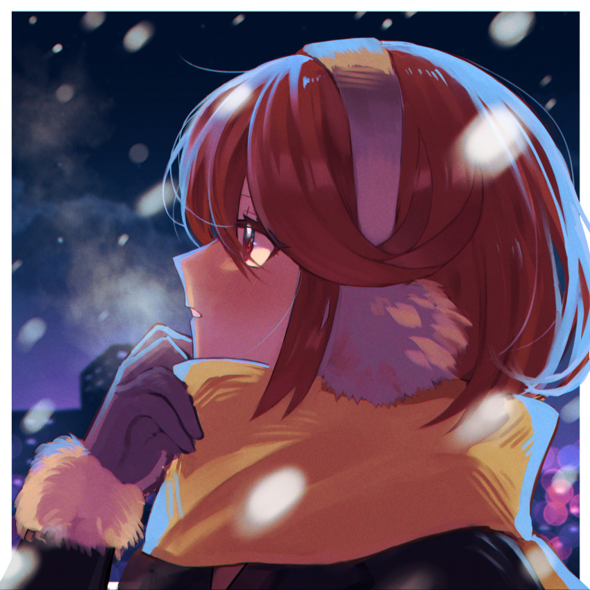 1girl bangs black_jacket blush breath brown_gloves earmuffs from_side fur-trimmed_sleeves fur_trim gloves hair_between_eyes hand_up highres jacket kyosuke1413koba long_sleeves night night_sky outdoors parted_lips profile pyra_(xenoblade) red_eyes red_hair scarf sky snowing solo upper_body xenoblade_chronicles_(series) xenoblade_chronicles_2 yellow_scarf