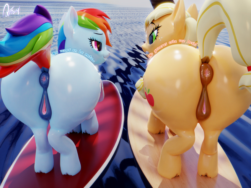 3d_(artwork) absurd_res animal_genitalia animal_pussy anus applejack_(mlp) big_butt butt digital_media_(artwork) duo equid equine equine_genitalia equine_pussy female feral friendship_is_magic genitals hasbro hi_res mammal my_little_pony pussy quicktimepony rainbow_dash_(mlp) spanish_text text