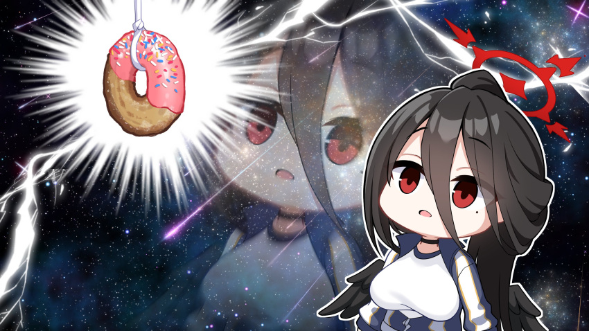1girl ajifurai bangs black_hair black_wings blue_archive breasts chibi doughnut feathered_wings food hair_between_eyes halo hasumi_(blue_archive) hasumi_(gym_uniform)_(blue_archive) highres jacket large_breasts long_hair mole mole_under_eye open_mouth partially_unzipped ponytail red_eyes shirt shooting_star space sparkle wings zoom_layer