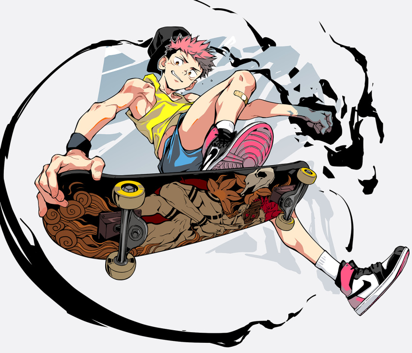 1boy bandaid bandaid_on_leg beitemian full_body highres itadori_yuuji jujutsu_kaisen looking_down male_focus pink_hair shirt shoes short_hair shorts simple_background skateboard sleeveless sneakers socks solo white_background white_socks yellow_shirt