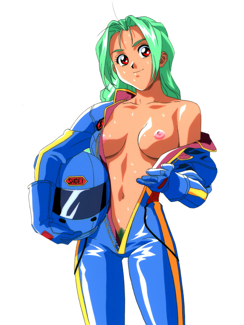 biker_clothes bikesuit blue_gloves bodysuit breasts colored_pubic_hair cow female_pubic_hair gloves green_hair hagiwara_urara headwear_removed helmet helmet_removed highres holding holding_helmet light_smile long_hair looking_at_viewer medium_breasts navel nipples non-web_source official_art open_bodysuit open_clothes pubic_hair racing_suit red_eyes simple_background smile sweat unzipped white_background yamada_masaki zenkoku_seifuku_bishoujo_grand_prix zipper