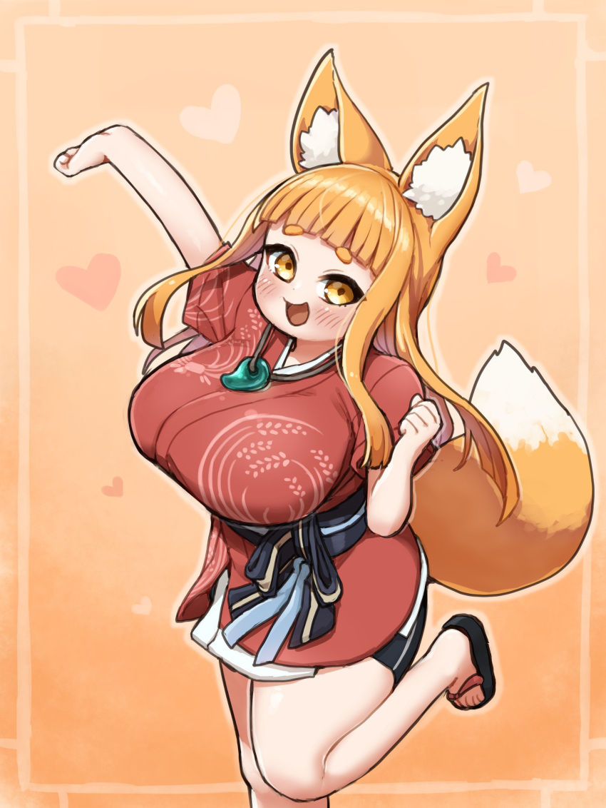 1girl :d absurdres animal_ear_fluff animal_ears black_footwear black_shorts blonde_hair blush breasts brown_background brown_eyes commentary_request feet_out_of_frame fox_ears fox_girl fox_tail heart heart_background highres ichika_(ichika_manga) japanese_clothes jewelry kimono large_breasts long_hair looking_at_viewer magatama magatama_necklace necklace original outstretched_arm red_kimono short_eyebrows short_shorts short_sleeves shorts smile solo standing standing_on_one_leg tail thick_eyebrows very_long_hair zouri