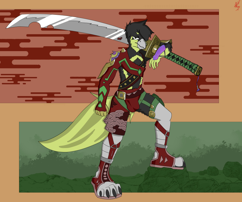 absurd_res anthro avian bird hi_res humanoid hybrid japanese katana lemoncrow male melee_weapon nyxo paws solo sword warrior weapon