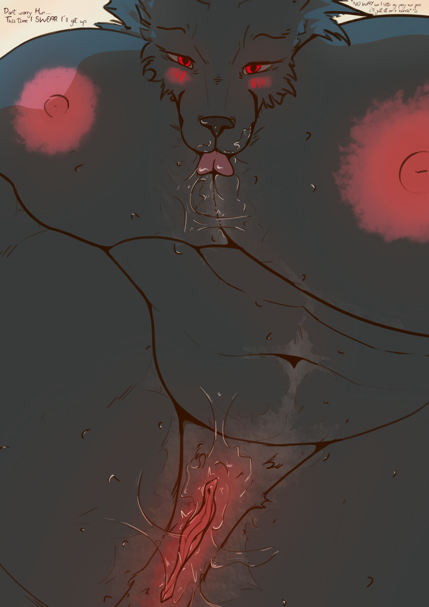 &lt;3 absurd_res animal_genitalia anthro bedroom_eyes big_breasts blush bodily_fluids breasts canid canine canine_genitalia canis clitoris dominant dominant_female facesitting female fur genital_fluids genitals grey_pubes hair half-closed_eyes hi_res licking looking_at_viewer looking_down_at_viewer lying mammal mature_anthro mature_female narrowed_eyes navel nipples on_front overweight pink_nipples pubes pubes_exposed pussy pussy_juice red_eyes seductive simple_background size_difference slightly_chubby smile smiling_at_viewer solo standing_over_viewer text thick_thighs tongue tongue_out tyrabble veronica_(securipun) were werecanid werecanine werewolf wolf