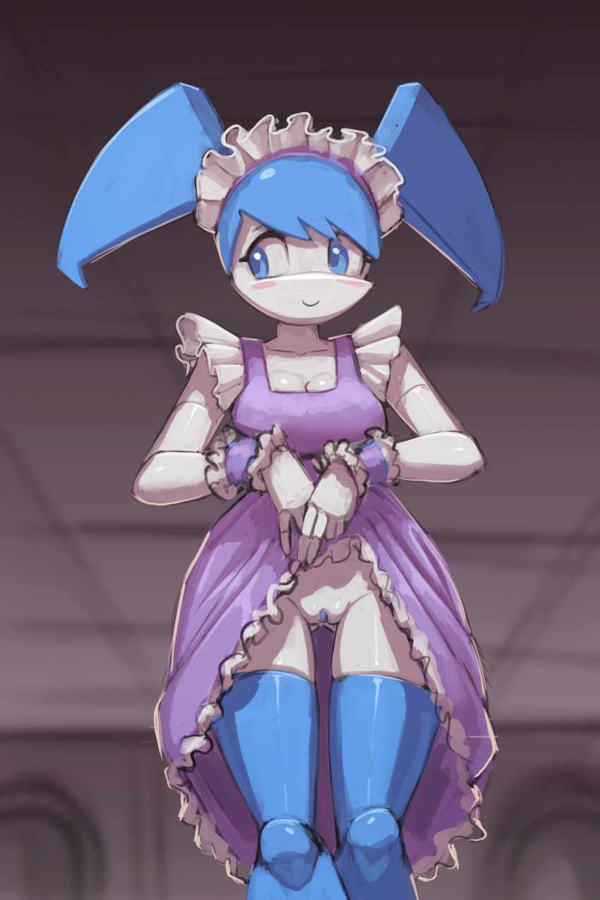 android blue_body blue_eyes blush bottomless breasts clothed clothing clothing_lift dress dress_lift female flashing flashing_pussy gekasso genitals hi_res humanoid jenny_wakeman looking_aside machine maid_headdress maid_uniform my_life_as_a_teenage_robot nickelodeon not_furry pseudo_hair pussy robot robot_humanoid smile solo standing uniform white_body