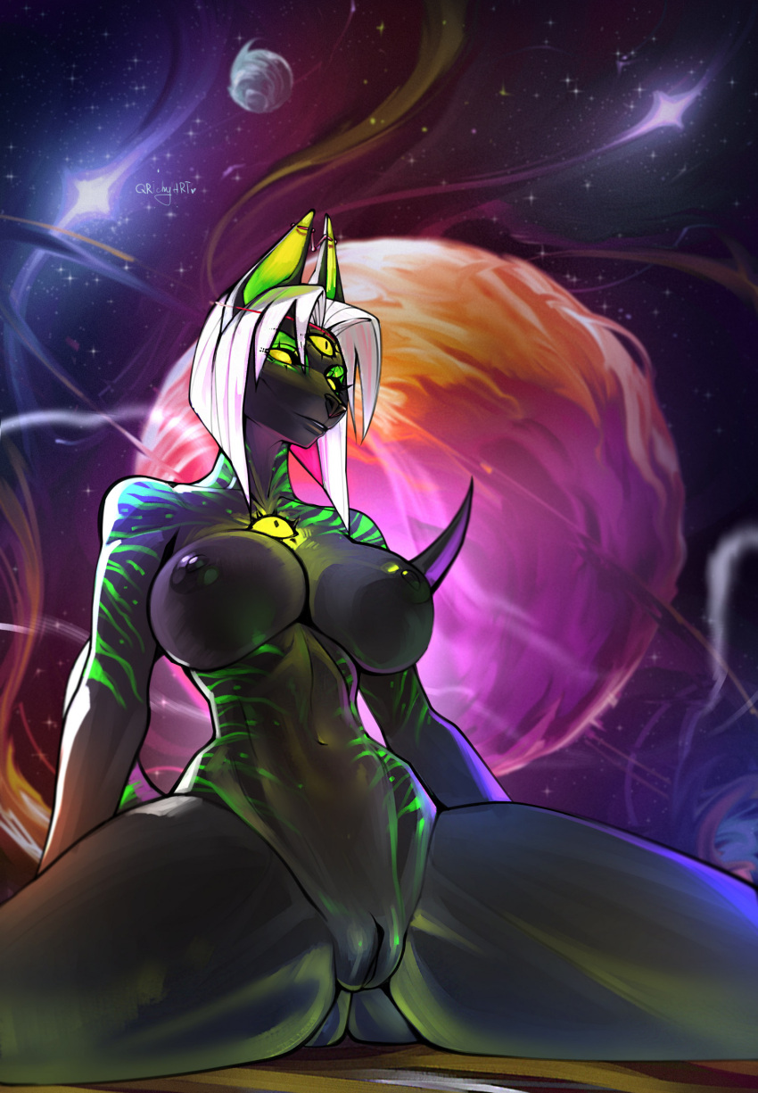 3_eyes anthro big_breasts black_body breasts butt_from_the_front canid chest_eye ear_piercing female galaxy genitals hair hi_res indominusssd industrial_piercing mammal multi_eye nipples piercing planet pussy qrichy solo space spread_legs spreading star thick_thighs white_hair