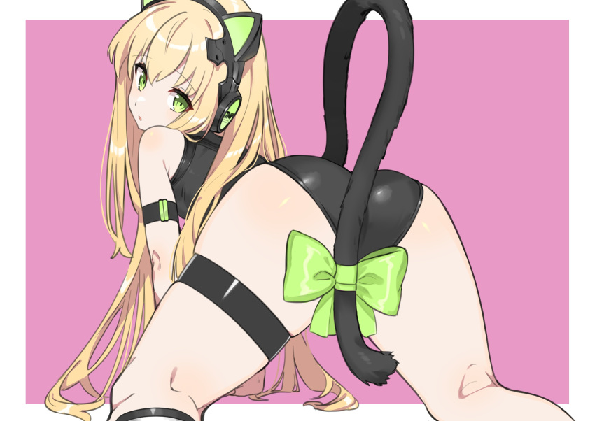 1girl 4410_(kanimiso) all_fours animal_ear_headphones animal_ears ass black_leotard blonde_hair bow cat_ear_headphones cat_ears cat_tail commentary_request fake_animal_ears fake_tail from_behind girls'_frontline green_bow green_eyes headphones highres leotard long_hair looking_at_viewer looking_back pink_background simple_background solo tail tail_bow tail_ornament thigh_strap tmp_(girls'_frontline)