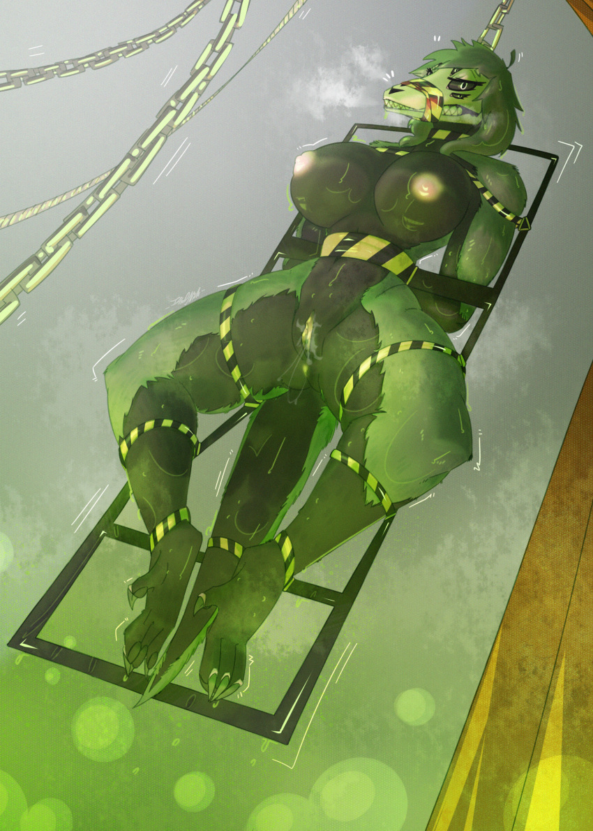 absurd_res acid anthro arms_tied arms_tied_behind_back bdsm big_breasts black_body black_scales black_sclera bodily_fluids bondage bone bound breasts curvy_figure dripping female fur genital_fluids genitals green_body green_eyes green_fur hands_behind_back hi_res hourglass_figure legs_tied lizard looking_at_viewer metal_frame multi_eye multicolored_body nipples pink_nipples pussy pussy_juice reptile scales scalie scp-682 scp_foundation shaking skull skull_head small_waist solo spread_legs spreading suspension suspension_bondage tahomich0 tail tape_muzzle thick_tail thick_thighs two_tone_body wet
