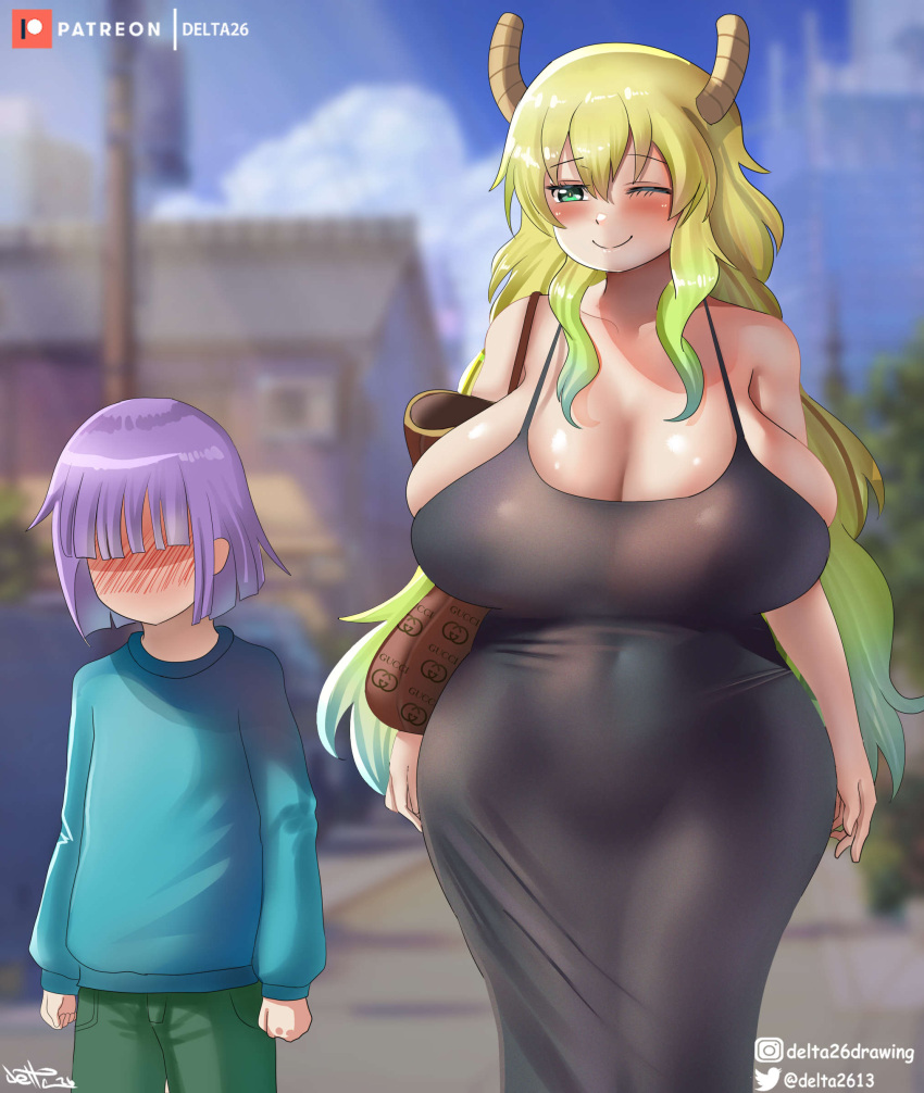 absurd_res age_difference animal_humanoid big_breasts blonde_hair breasts cleavage clothed clothing curvy_figure delta26 dragon dragon_humanoid duo female hair hi_res horn horned_humanoid huge_breasts huge_hips human humanoid larger_female male mammal miss_kobayashi's_dragon_maid navel older_female purple_hair quetzalcoatl_(dragon_maid) shouta_magatsuchi size_difference skimpy skimpy_dress smaller_male smile thick_thighs tight_clothing tight_dress voluptuous wide_hips younger_male