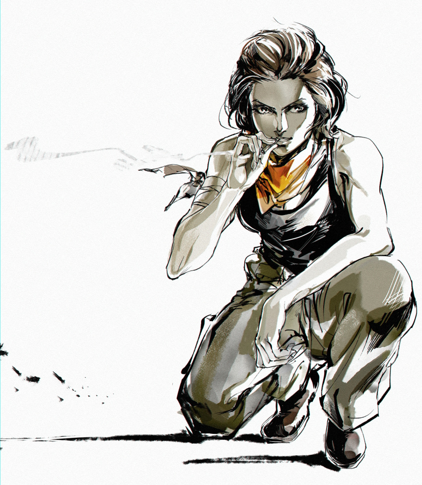 1girl amanda_valenciano_libre bandaged_arm bandages black_tank_top boots breasts cargo_pants character_request cigarette forehead full_body h_(nxbfn779) highres medium_breasts metal_gear_(series) muscular muscular_female neckerchief official_style one_knee orange_neckerchief pants shinkawa_youji_(style) short_hair sleeveless smoke smoking solo spot_color tank_top