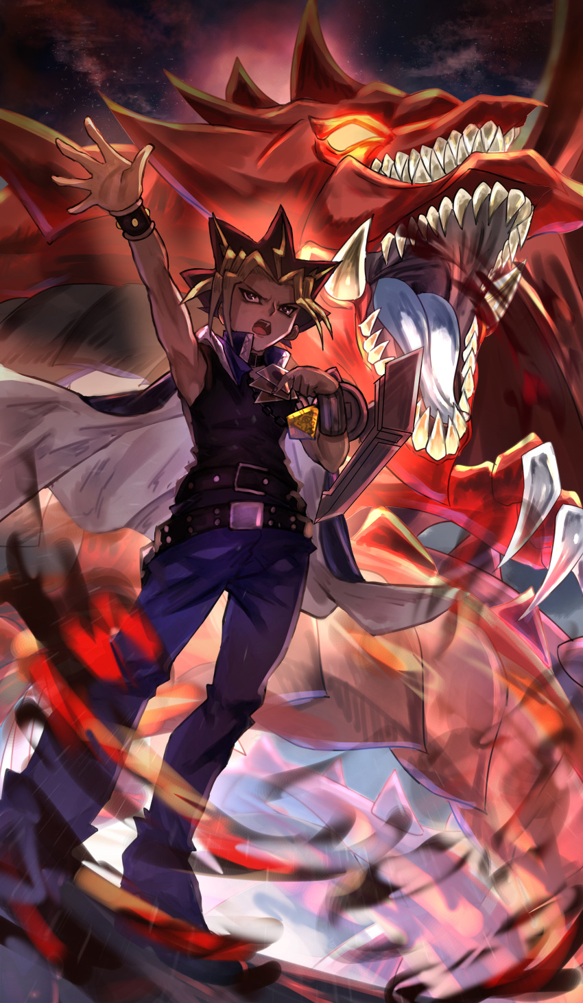 1boy absurdres armpits belt black_hair black_shirt blonde_hair blue_tongue card claws colored_tongue dragon duel_disk duel_monster highres holding holding_card jacket jacket_on_shoulders millennium_puzzle multicolored_hair open_mouth osiris_the_sky_dragon pants red_hair sharp_teeth shirt sleeveless sleeveless_shirt teeth tomaton_(t_0) tongue wristband yami_yuugi yu-gi-oh! yu-gi-oh!_duel_monsters