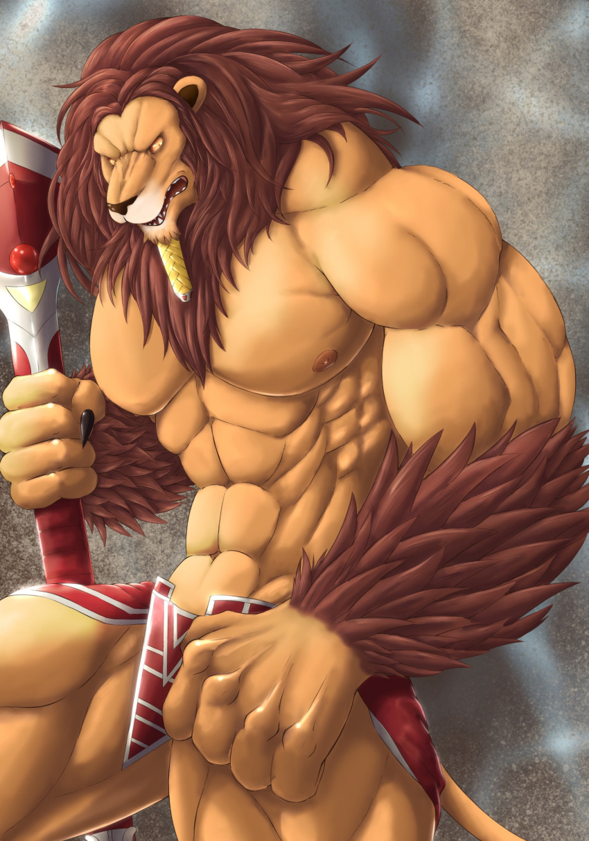 2023 5_fingers abs anhur anthro biped bottomwear brown_body brown_fur brown_mane chibikoma clothing digital_drawing_(artwork) digital_media_(artwork) egyptian felid fingers fur hi_res lion male mammal mane melee_weapon muscular muscular_anthro muscular_male nipples pantherine pecs polearm portrait sharp_teeth smite solo spear tan_body tan_fur teeth three-quarter_portrait weapon yellow_eyes