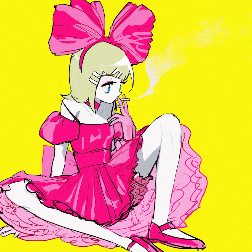 1girl ballet_slippers bare_legs bare_shoulders blonde_hair bloomers blue_eyes bow bow_hairband choker cigarette collarbone dress frilled_dress frills hair_bow hair_ornament hairband hairclip highres holding holding_cigarette kagamine_rin large_bow pale_skin pink_bloomers pink_bow pink_choker pink_dress shimeji_(user_fkzg7225) short_hair sketch skinny smoking solo spread_legs underwear vocaloid yellow_background