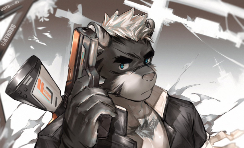 1boy animal_ears bara blue_eyes from_above frown furry furry_male grey_fur gun gun_on_back highres holding holding_gun holding_weapon laserbiubiu looking_at_viewer male_focus muscular muscular_male open_clothes open_shirt original pectoral_cleavage pectorals short_hair solo thick_eyebrows tiger_boy tiger_ears upper_body weapon weapon_on_back white_hair