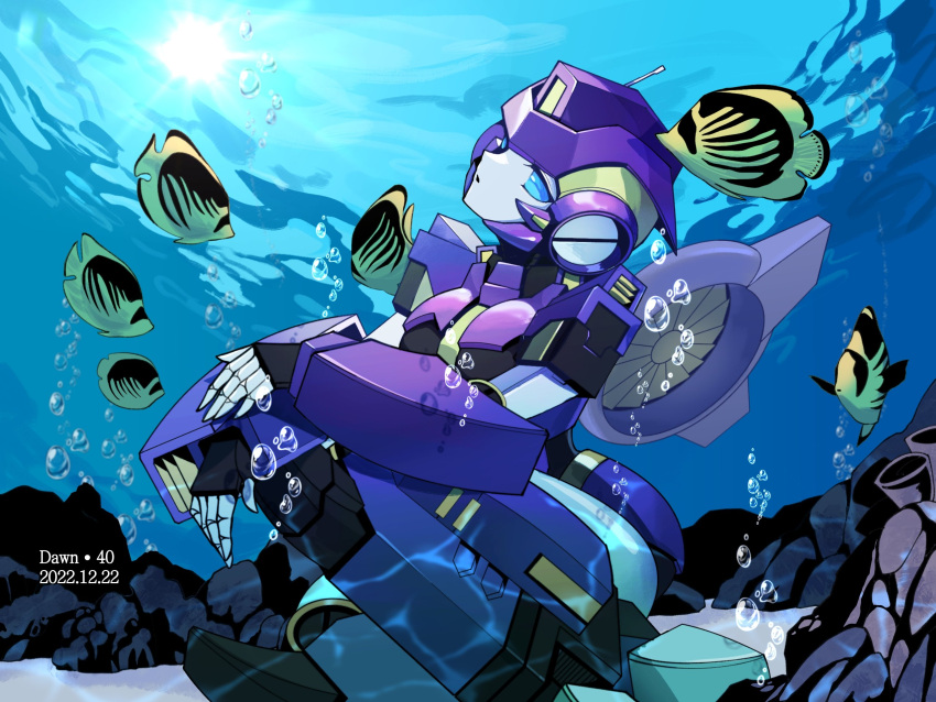 1girl air_bubble artist_name azuredawn40 blue_eyes bubble dated fish head_tilt highres looking_up mecha nautica_(transformers) parted_lips robot science_fiction sitting solo the_transformers_(idw) transformers underwater