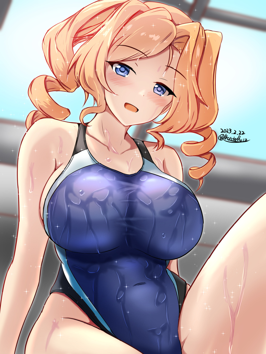 1girl black_one-piece_swimsuit blonde_hair blue_eyes blue_one-piece_swimsuit breasts collarbone competition_swimsuit covered_navel dated day drill_hair highleg highleg_swimsuit highres honolulu_(kancolle) impossible_clothes impossible_swimsuit indoors kantai_collection large_breasts long_hair looking_at_viewer montemasa multicolored_clothes multicolored_swimsuit one-piece_swimsuit open_mouth rei_no_pool solo swimsuit twin_drills twintails twitter_username two-tone_swimsuit wet wet_clothes wet_swimsuit window