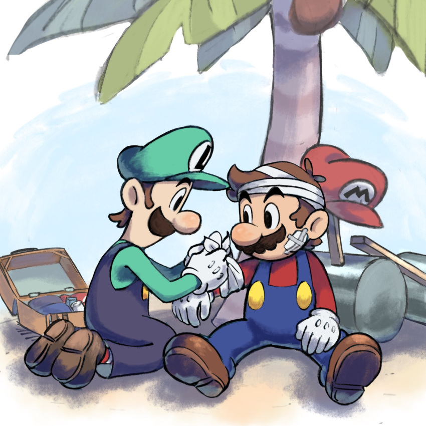 2boys bandages blue_overalls boots brown_footwear brown_hair facial_hair gloves green_headwear green_shirt hat highres injury kneeling luigi mario mario_&amp;_luigi_rpg mario_&amp;_luigi_rpg_(style) mario_(series) multiple_boys mustache outdoors overalls palm_tree red_headwear red_shirt shirt sitting suitcase tree white_gloves ya_mari_6363