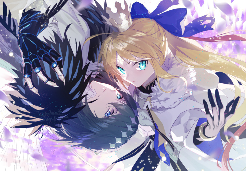 1boy 1girl ahoge armor armored_dress artoria_caster_(fate) artoria_caster_(third_ascension)_(fate) artoria_pendragon_(fate) bangs black_fur black_ribbon blonde_hair blue_bow blue_eyes blue_ribbon bow bracelet cape closed_mouth collar collared_shirt crown elbow_gloves fate/grand_order fate_(series) fur_trim gloves green_eyes grey_hair hair_between_eyes hair_bow jewelry long_hair long_sleeves looking_at_viewer oberon_(fate) ornament pink_background red_ribbon rhombus ribbon shirt tsuyukusa_(eeta7273) twintails white_cape white_fur white_shirt