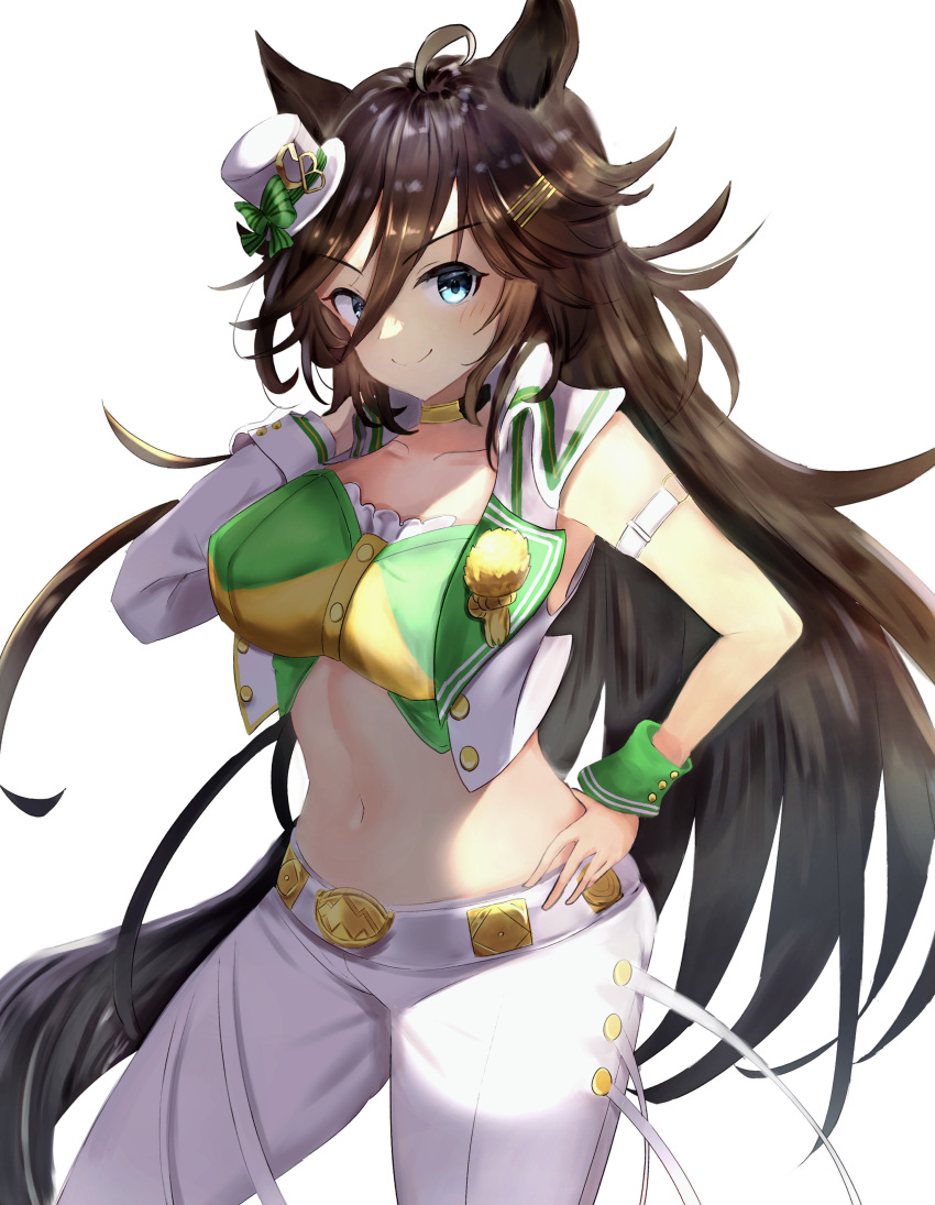 1girl absurdres ahoge animal_ears arm_strap blue_eyes breasts brown_hair choker commentary_request cowboy_shot crop_top green_shirt hair_between_eyes hair_ornament hairclip hand_on_hip hat highres horse_ears jacket large_breasts long_hair long_sleeves looking_at_viewer midriff mini_hat mini_top_hat mr._c.b._(umamusume) navel open_clothes open_jacket pants shirt simple_background single_sleeve smile solo standing stomach strapless strapless_shirt taguchi_yuu thighs top_hat umamusume very_long_hair white_background white_headwear white_jacket white_pants wrist_cuffs yellow_choker