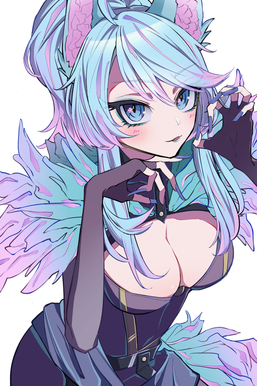 1girl absurdres animal_ear_fluff animal_ears bangs black_dress blue_eyes blue_hair blue_nails breasts cleavage cleavage_cutout clothing_cutout dradra_tw dress highres large_breasts looking_at_viewer multicolored_hair nail_polish open_mouth pink_hair short_hair silvervale smile solo streaked_hair swept_bangs tail virtual_youtuber vshojo wolf_ears wolf_girl wolf_tail