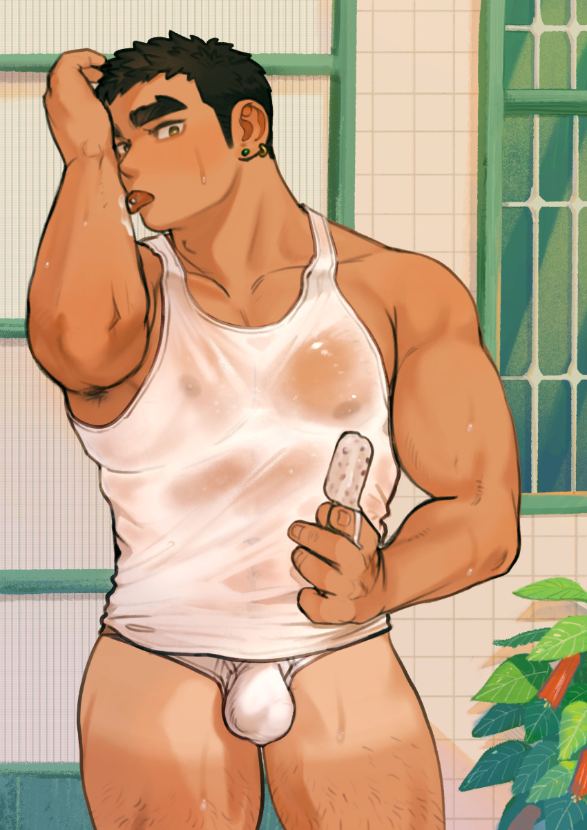 1boy absurdres armpit_hair armpit_peek bara bikini_briefs black_hair briefs bulge covered_nipples dark-skinned_male dark_skin ear_piercing earrings feet_out_of_frame highres holding_ice_cream jewelry kim_liong_(shan) large_pectorals leg_hair licking_arm long_sideburns male_focus male_underwear melting muscular muscular_male no_pants original pectorals piercing see-through shan_(shanshankuo) shirt short_hair sideburns sidepec solo tan tank_top tanlines thick_eyebrows thick_thighs thighs tongue tongue_out tongue_piercing underwear wet wet_clothes wet_shirt white_male_underwear white_tank_top