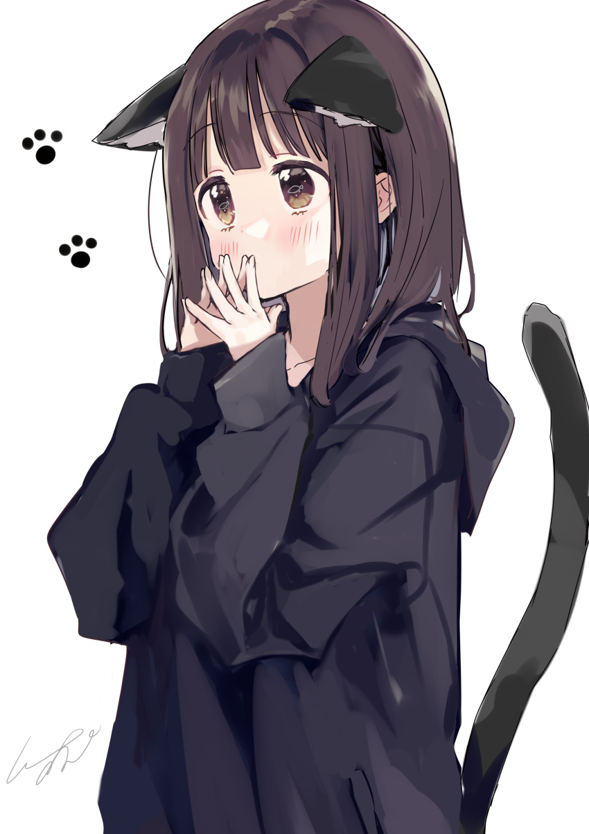 1girl absurdres animal_ears baggy_clothes black_hoodie blush brown_eyes brown_hair cat_day cat_ears cat_tail highres hood hoodie medium_hair nanase_kurumi_(menhera-chan) original paw_print pomu signature solo steepled_fingers tail white_background