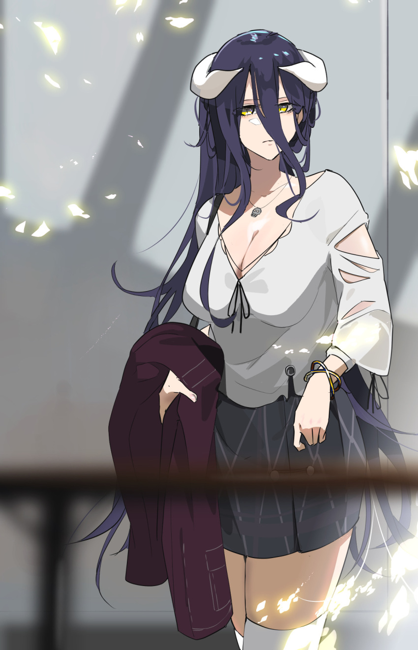 1girl albedo_(overlord) alternate_costume black_hair black_wings breasts casual demon_girl demon_horns dress feathered_wings funi_mu9 hair_between_eyes highres holding horns jacket large_breasts long_hair long_sleeves overlord_(maruyama) shirt skirt solo thighhighs white_dress white_horns white_thighhighs wings
