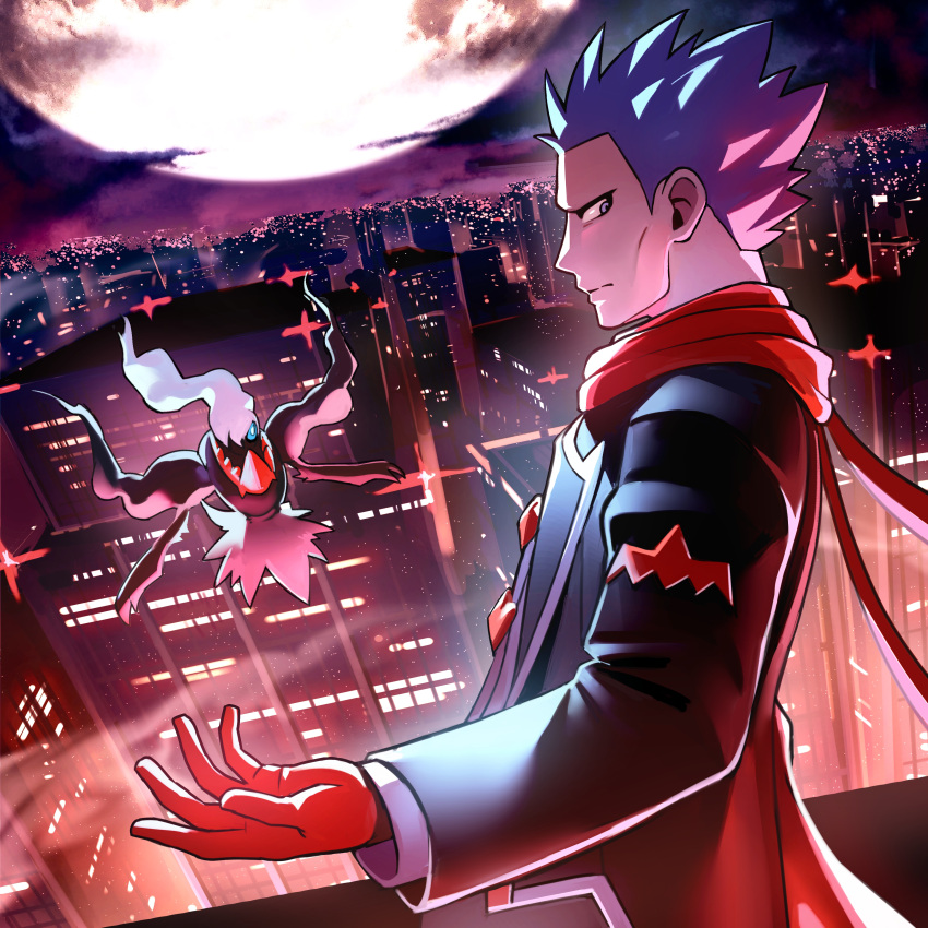 1boy =_(9_yawbus) absurdres black_jacket blue_hair building cityscape closed_mouth cloud commentary_request cyrus_(pokemon) cyrus_(sygna_suit)_(pokemon) darkrai gloves grey_eyes highres jacket long_sleeves looking_back male_focus moon night official_alternate_costume outdoors pokemon pokemon_(creature) pokemon_(game) pokemon_masters_ex red_gloves red_scarf scarf short_hair sky spiked_hair