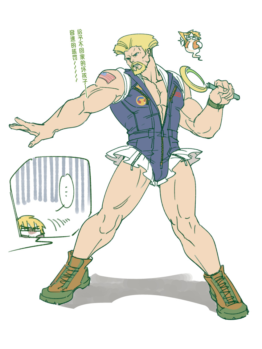3boys absurdres alternate_costume bara bare_arms blonde_hair character_request chibi chibi_inset full_body guile highres holding holding_wand ken_masters large_pectorals male_focus manly multiple_boys muscular muscular_male pectoral_cleavage pectorals short_hair standing street_fighter thighs translation_request turn_pale wand yuiofire
