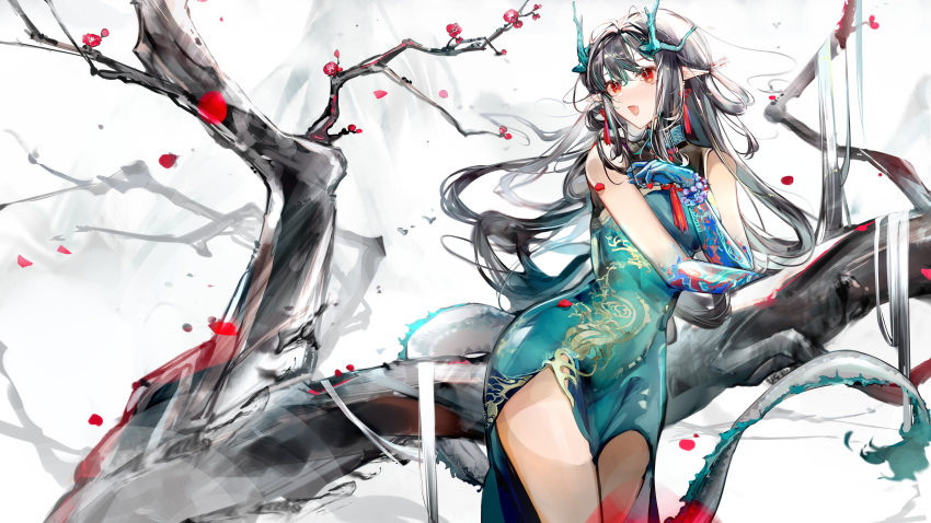 1girl :d absurdres arknights bare_shoulders black_hair blue_dress blue_hair blue_skin china_dress chinese_clothes colored_skin cowboy_shot dragon_horns dragon_tail dress dusk_(arknights) dusk_(everything_is_a_miracle)_(arknights) earrings eyebrows_hidden_by_hair fang floating_hair flower hair_between_eyes hand_up highres horns in_tree jewelry long_hair looking_at_viewer multicolored_hair nuez official_alternate_costume open_mouth plum_blossoms pointy_ears red_eyes side_slit sleeveless sleeveless_dress smile solo streaked_hair tail tassel tongue tree very_long_hair