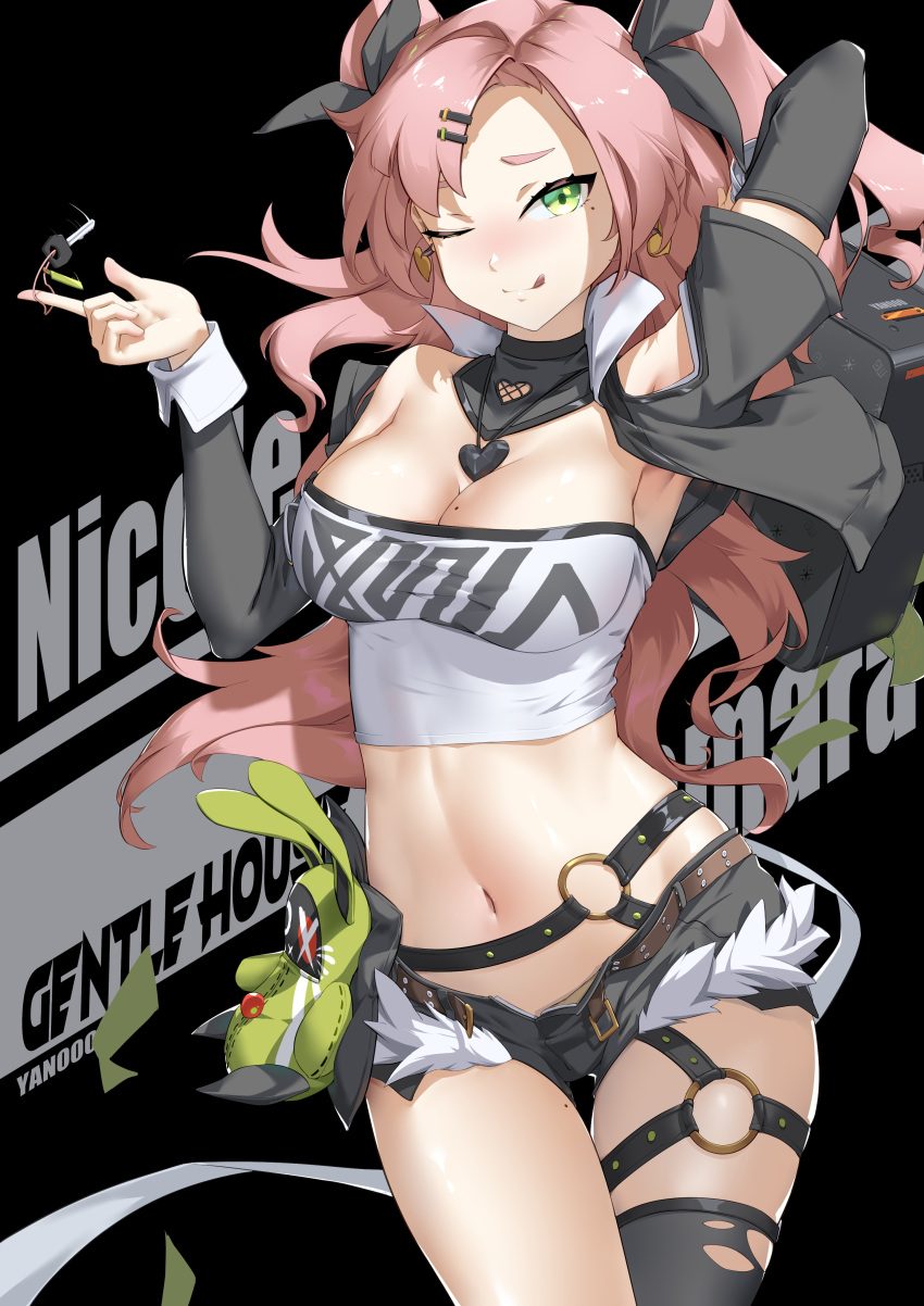 1girl ;) ;q absurdres arm_up armpits black_background black_ribbon black_shorts black_thighhighs breasts car_keys character_name cleavage commentary cowboy_shot cutoffs earrings green_eyes hair_ribbon hand_up highres jewelry large_breasts long_hair long_sleeves looking_at_viewer micro_shorts midriff mole mole_on_breast mole_under_eye navel nicole_demara one_eye_closed pink_hair ribbon shorts simple_background single_thighhigh smile solo standing stomach strapless thighhighs thighs tongue tongue_out tube_top two_side_up very_long_hair yan_(unicorn404) zenless_zone_zero