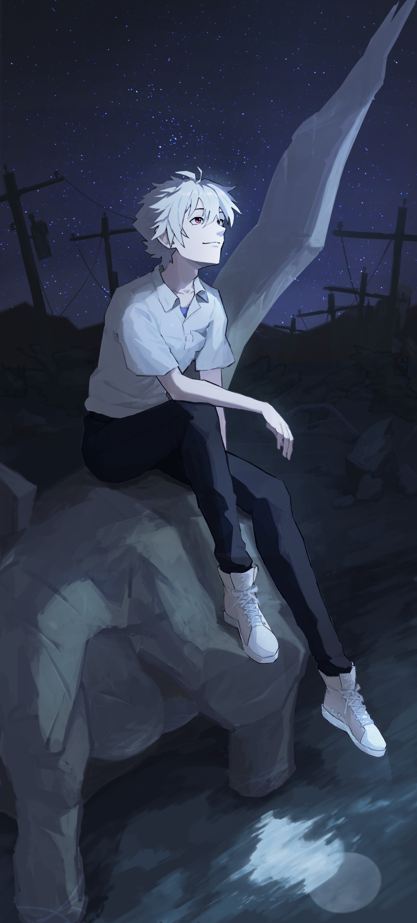 1boy absurdres black_pants collarbone commentary_request eko000ohce elbow_on_knee full_body highres knee_up looking_up male_focus nagisa_kaworu neon_genesis_evangelion night night_sky outdoors pants red_eyes shirt shirt_under_shirt shoes short_hair short_sleeves sitting sky smile sneakers solo star_(sky) starry_sky utility_pole water white_footwear white_hair white_shirt