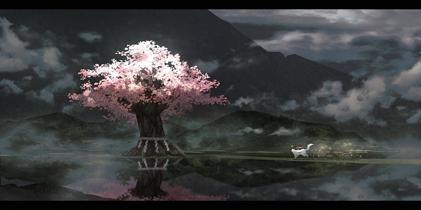 amaterasu_(ookami) animal_focus cherry_blossoms cloud flower fog issun light_particles mountain ookami_(game) petals reflection reflective_water running scenery toruglose tree water white_fur wolf