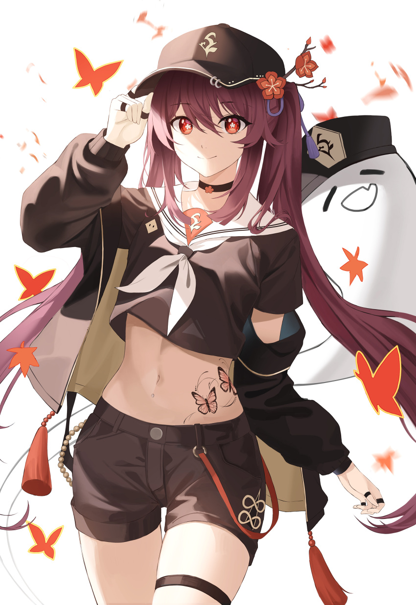 1girl absurdres alternate_costume arm_up baseball_cap black_choker black_headwear black_jacket black_shirt black_shorts boo_tao_(genshin_impact) brown_hair butterfly_tattoo choker cowboy_shot crop_top crop_top_overhang flower flower-shaped_pupils genshin_impact hair_flower hair_ornament hand_on_headwear hat highres hu_tao_(genshin_impact) jacket jewelry leaf long_hair long_sleeves looking_at_viewer maple_leaf midriff multiple_rings nacho_(nacho_1103) navel neckerchief off_shoulder open_clothes open_jacket plum_blossoms red_eyes ring sailor_collar shirt short_shorts short_sleeves shorts simple_background smile solo stomach stomach_tattoo symbol-shaped_pupils tassel tattoo thigh_strap thighs twintails very_long_hair white_background