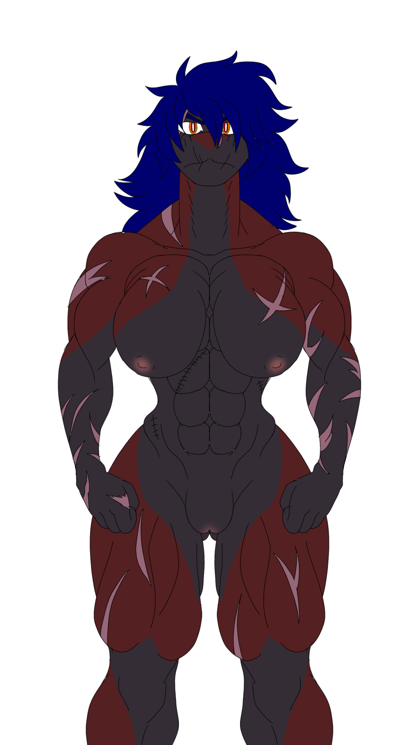 absurd_res anthro anubis_(chupadore) big_breasts black_body black_fur blue_mane breasts canid canine chupadore crossgender female fox fur genitals hair hi_res long_hair male mammal mane marcy's_lewd_images multicolored_body multicolored_fur muscular muscular_male nipples pussy red_body red_fur scars_all_over solo two_tone_body two_tone_fur yellow_eyes