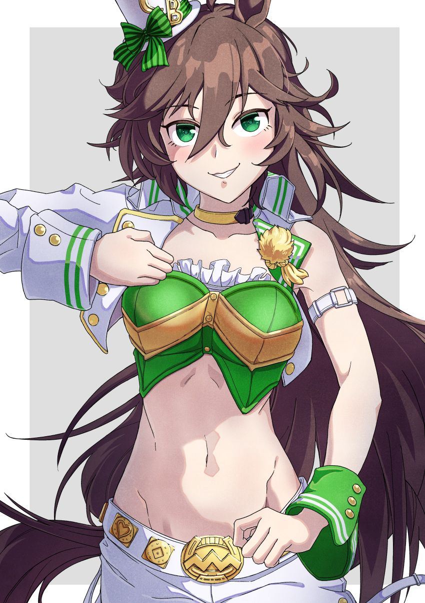 1girl absurdres animal_ears arm_strap blush border bow breasts brown_hair choker commentary_request crop_top giorno_giovanna's_pose_(jojo) green_bow green_eyes green_shirt grey_background grin groin hair_between_eyes hat hat_bow highres horse_ears horse_girl jacket jojo_no_kimyou_na_bouken jojo_pose kimihitsuji long_hair long_sleeves looking_at_viewer medium_breasts midriff mini_hat mini_top_hat mr._c.b._(umamusume) navel open_clothes open_jacket outside_border pants revision shirt simple_background single_bare_shoulder single_sleeve smile solo stomach strapless strapless_shirt tail top_hat umamusume vento_aureo very_long_hair white_border white_headwear white_jacket white_pants wrist_cuffs yellow_choker