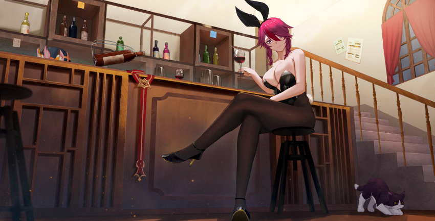 2girls alcohol animal_ears bangs bar_(place) black_leotard blush bottle breasts brown_pantyhose cat cat_ears chair cleavage clisapex crossed_legs cup diona_(genshin_impact) drinking_glass fake_animal_ears fake_tail genshin_impact hair_over_one_eye high_heels highleg highleg_leotard highres large_breasts leotard looking_at_viewer multiple_girls pantyhose pink_hair playboy_bunny rabbit_ears rabbit_tail red_eyes red_hair rosaria_(genshin_impact) short_hair sitting stairs strapless strapless_leotard tail wine wine_bottle wine_glass wine_rack