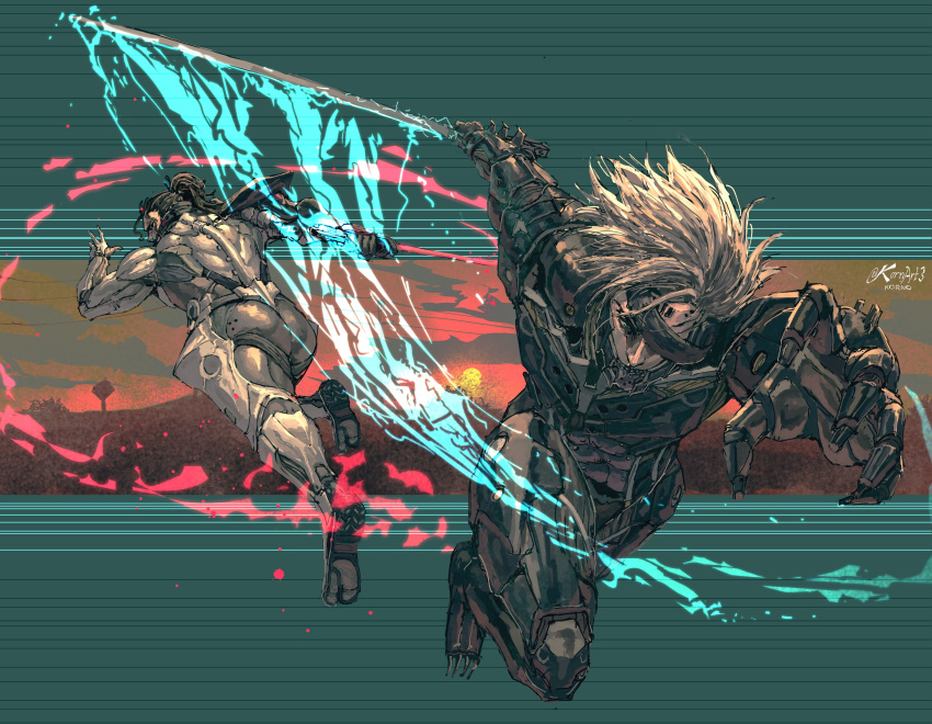 2boys absurdres armor brown_eyes brown_hair closed_mouth cyborg eyepatch full_body grey_eyes grey_hair hf_murasama highres holding holding_sword holding_weapon katana kornart looking_at_viewer looking_back medium_hair metal_gear_(series) metal_gear_rising:_revengeance multiple_boys power_armor raiden_(metal_gear) samuel_rodrigues short_ponytail signature sword weapon