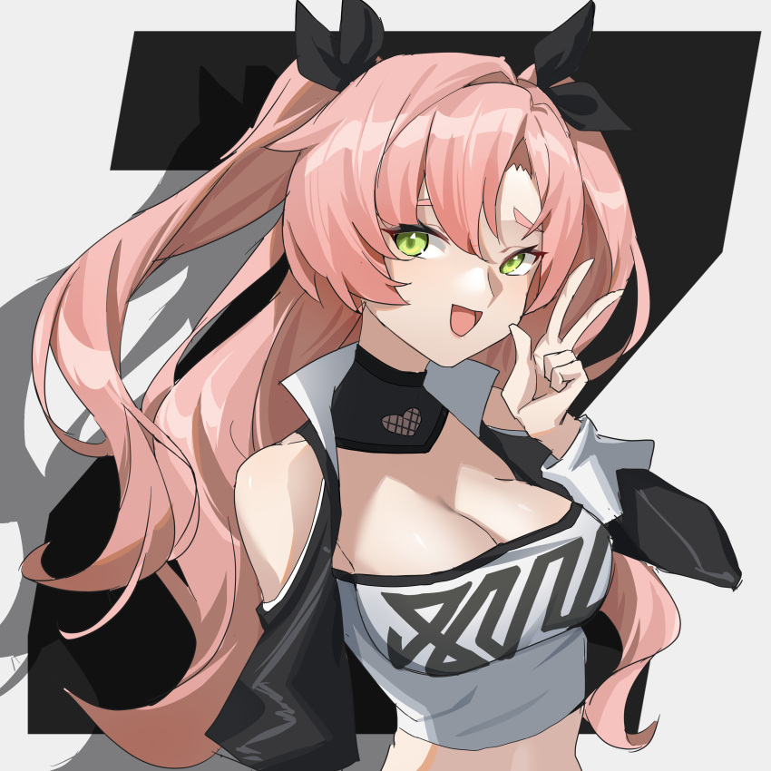 1girl :d absurdres bare_shoulders black_ribbon breasts cleavage clothing_cutout commentary drop_shadow green_eyes grey_background hair_between_eyes hair_ribbon hand_up highres large_breasts long_hair long_sleeves looking_at_viewer midriff nicole_demara open_mouth pink_hair ribbon shoulder_cutout smile solo strapless tube_top two_side_up upper_body very_long_hair w xiaxia_(shidu233) zenless_zone_zero