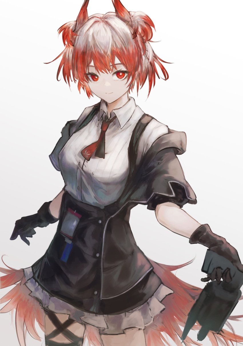 1girl aiv arknights black_skirt commentary cowboy_shot fiammetta_(arknights) gradient_background grey_background high-waist_skirt highres looking_at_viewer necktie petticoat pointy_hair red_eyes red_hair red_necktie shirt short_hair short_sleeves skirt smile solo standing tail_feathers thighs white_shirt