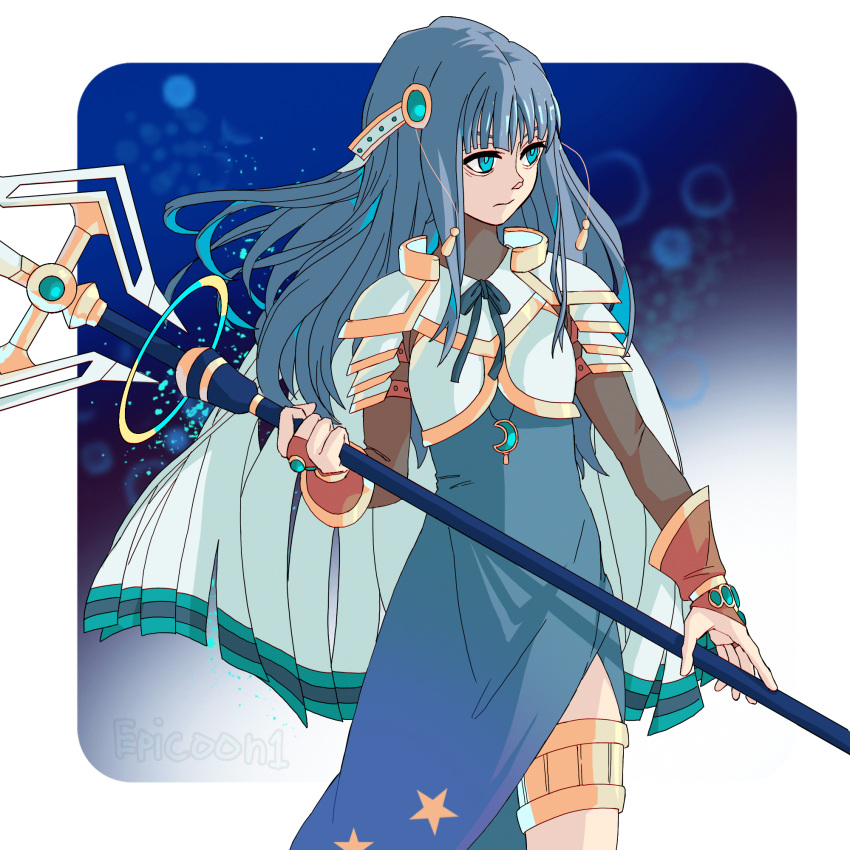 1girl alpha_transparency aqua_eyes aqua_gemstone armor bangs blue_background blue_dress blue_hair blue_ribbon breastplate bridal_gauntlets brown_shirt closed_mouth cowboy_shot crescent_necklace dress epicoon1 halberd headdress highres holding holding_weapon jewelry long_hair long_sleeves looking_to_the_side magia_record:_mahou_shoujo_madoka_magica_gaiden magical_girl mahou_shoujo_madoka_magica nanami_yachiyo neck_ribbon necklace polearm print_dress ribbon serious shirt side_slit sidelocks solo standing star_(symbol) star_print tassel thighlet transparent_border turtleneck veil weapon white_armor
