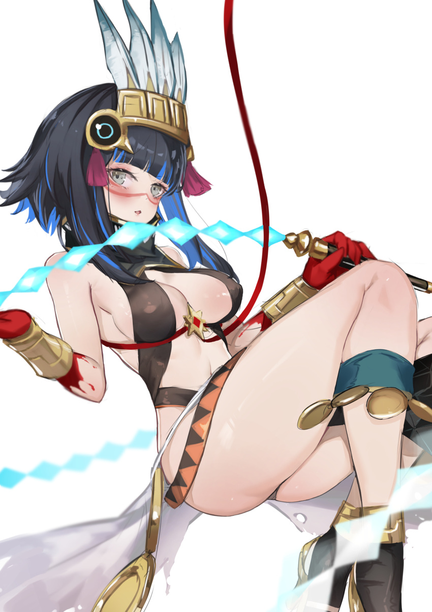 1girl absurdres anklet bangs bare_shoulders black_hair black_skirt blood blood_on_hands blue_hair blush bracer breasts cleavage colored_inner_hair detached_collar facepaint fate/grand_order fate_(series) feathers grey_eyes halterneck headdress high_collar high_heels highres jewelry looking_at_viewer medium_breasts multicolored_hair navel open_mouth pelvic_curtain sash short_hair sidelocks skirt solo tassel tenochtitlan_(fate) thighs ura_illust whip