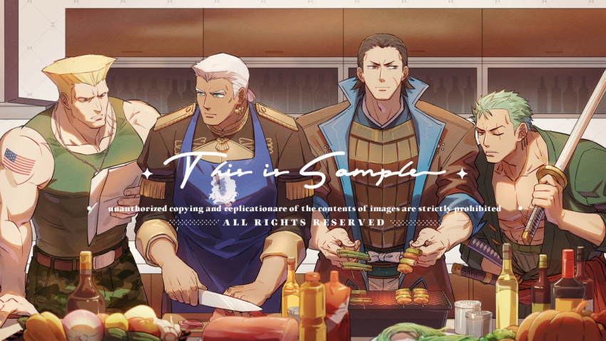 4boys apron bara blonde_hair camouflage camouflage_pants character_request chopping cooking copyright_request crossover dedue_molinaro earrings feet_out_of_frame fire_emblem fire_emblem:_three_houses food food_request garreg_mach_monastery_uniform green_hair green_tank_top grilling guile holding holding_knife holding_sword holding_weapon indoors jewelry kitchen knife large_pectorals male_focus meat multiple_boys multiple_crossover muscular muscular_male one_piece onion pants pectoral_cleavage pectorals roronoa_zoro scar scar_across_eye short_hair standing street_fighter sword tank_top weapon yuiofire