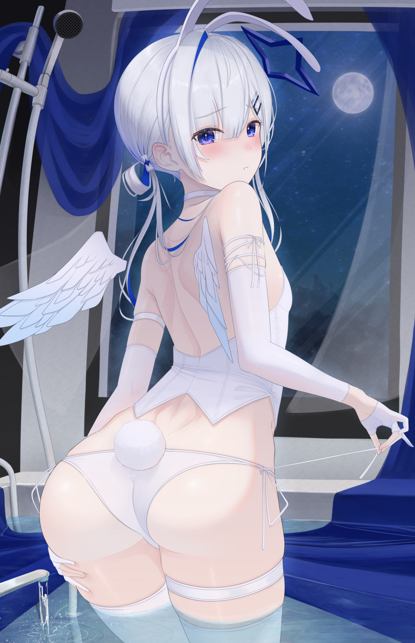 1girl absurdres amane_kanata angel_wings animal_ears ass back bare_shoulders bath bikini bikini_bottom_only blush fingerless_gloves from_behind gloves hair_ornament hairband hairclip highres hololive kachikachipiroo looking_at_viewer looking_back moon nontraditional_playboy_bunny parted_lips playboy_bunny purple_eyes rabbit_ears rabbit_tail raised_eyebrows side-tie_bikini_bottom solo swimsuit tail thighhighs vest virtual_youtuber wading water white+choker white_bikini white_gloves white_hair white_hairband white_vest white_wings wings