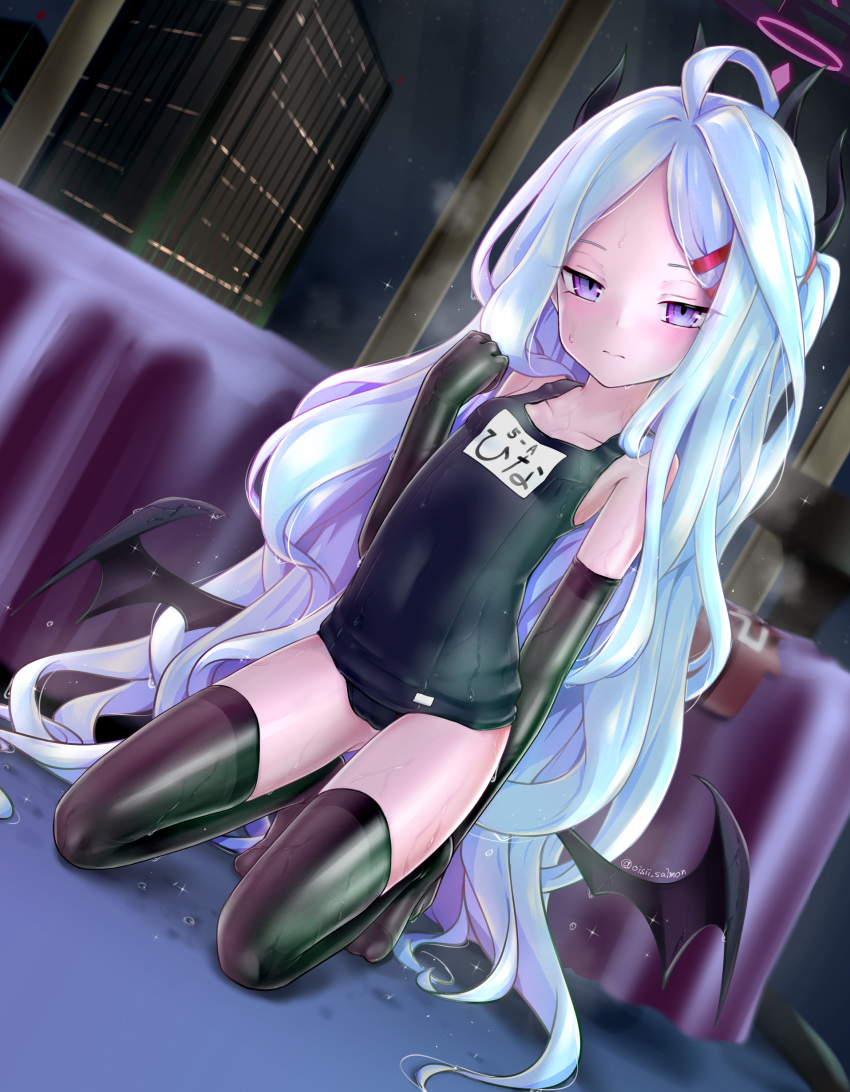 1girl 3: absurdres ahoge bangs bed black_gloves black_thighhighs blue_archive blurry building collarbone commentary_request demon_girl demon_horns demon_wings depth_of_field elbow_gloves forehead gloves halo highres hina_(blue_archive) hina_(swimsuit)_(blue_archive) horns kneeling long_hair looking_at_viewer name_tag night night_sky official_alternate_costume old_school_swimsuit outdoors parted_bangs ponytail purple_eyes school_swimsuit sidelocks sky skyline skyscraper sleeveless solo star_(sky) starry_sky swimsuit thighhighs translation_request umai_salmon wet wet_clothes wet_swimsuit white_hair window wings