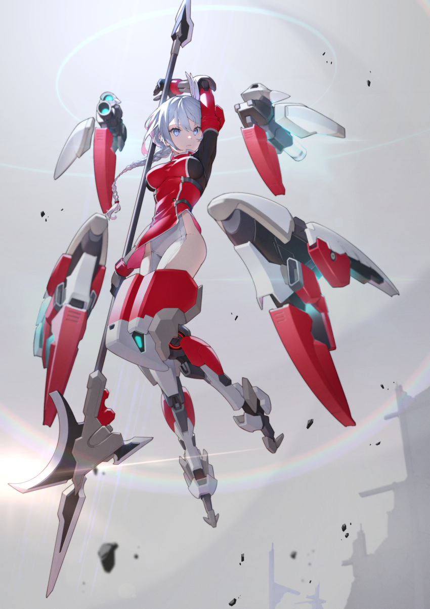 adelaide_bluthausen alice_gear_aegis arm_up blue_eyes braid breasts eyelashes floating frown highres holding holding_polearm holding_weapon keith8387 long_hair mecha mechanical_legs medium_breasts no_panties polearm robot rubble skin_tight weapon white_hair