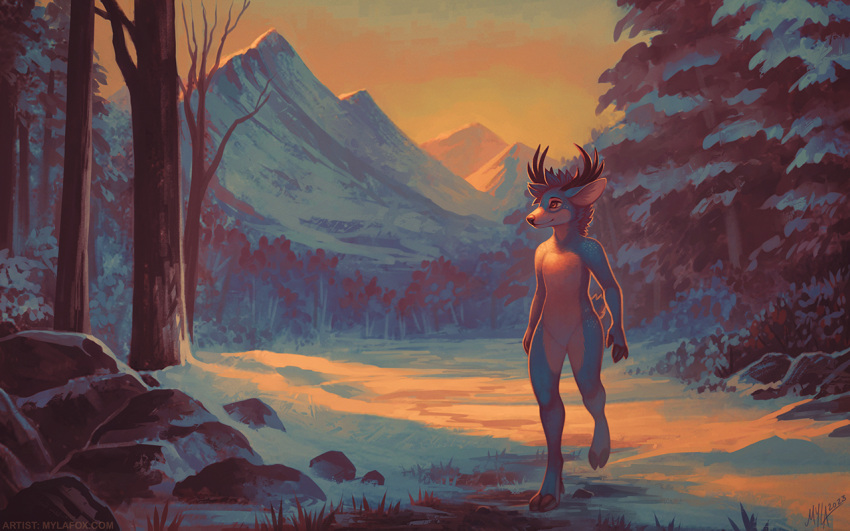 16:10 2023 anthro antlers black_antlers blue_body blue_fur blue_hair dated day deer featureless_crotch front_view full-length_portrait fur hair horn male mammal mouth_closed mylafox nude orange_eyes outside plant portrait rock signature snow solo standing text tree url white_body white_fur widescreen
