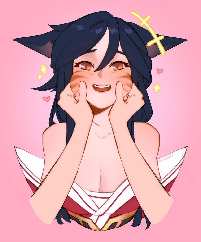 1girl absurdres ahri_(league_of_legends) animal_ears bangs bare_shoulders black_hair breasts cheek_pinching cheek_pull cleavage collarbone facial_mark fox_ears fox_girl hand_on_another's_cheek hand_on_another's_face happy highres kitsune kumiho league_of_legends long_hair looking_at_viewer medium_breasts non-web_source open_mouth pinching raida_(raidasart) simple_background smile whisker_markings yellow_eyes