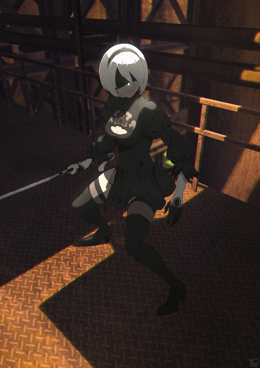 1girl absurdres black_blindfold black_dress black_hairband blindfold boots breasts cleavage cleavage_cutout clothing_cutout dress feather-trimmed_sleeves gloves hairband high_heel_boots high_heels highres holding holding_sword holding_weapon indoors juliet_sleeves katana long_sleeves medium_breasts mole mole_under_mouth nier:automata nier_(series) pinoj0214 puffy_sleeves railing short_hair solo sword thigh_boots thighhighs thighhighs_under_boots weapon white_hair yorha_no._2_type_b