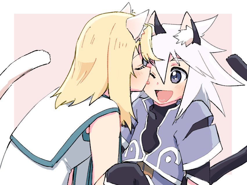 2boys animal_ears azuma_yukihiko blonde_hair blue_eyes cat_boy cat_ears cat_tail genis_sage highres licking licking_another's_cheek licking_another's_face looking_at_another male_child male_focus medium_hair mithos_yggdrasill multiple_boys one_eye_closed open_mouth otoko_no_ko tail tales_of_(series) tales_of_symphonia white_hair yaoi